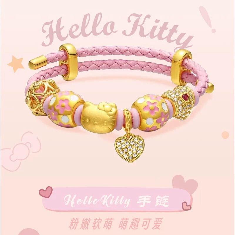 999 Pure Gold Cute Cat Head Bracelet Gold Kt Cat Bracelet Cartoon Hello Kitty Bow Passepartout
