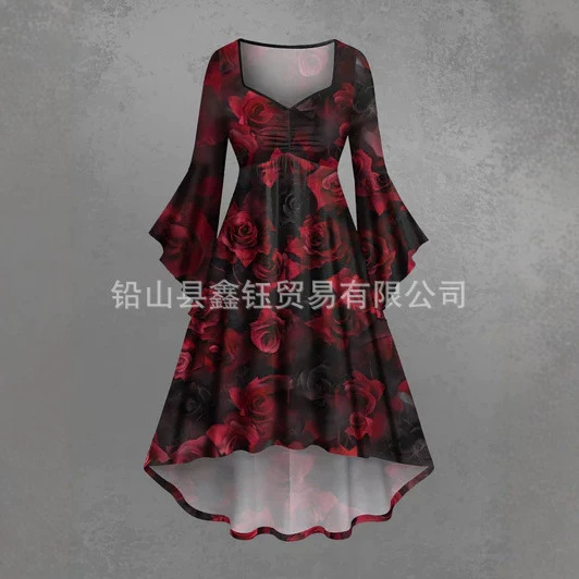 Popular foreign trade item: Dark witch black cat print dress for women, long sleeves, bell sleeves, waist-cinching, high-low hem, Halloween party dress