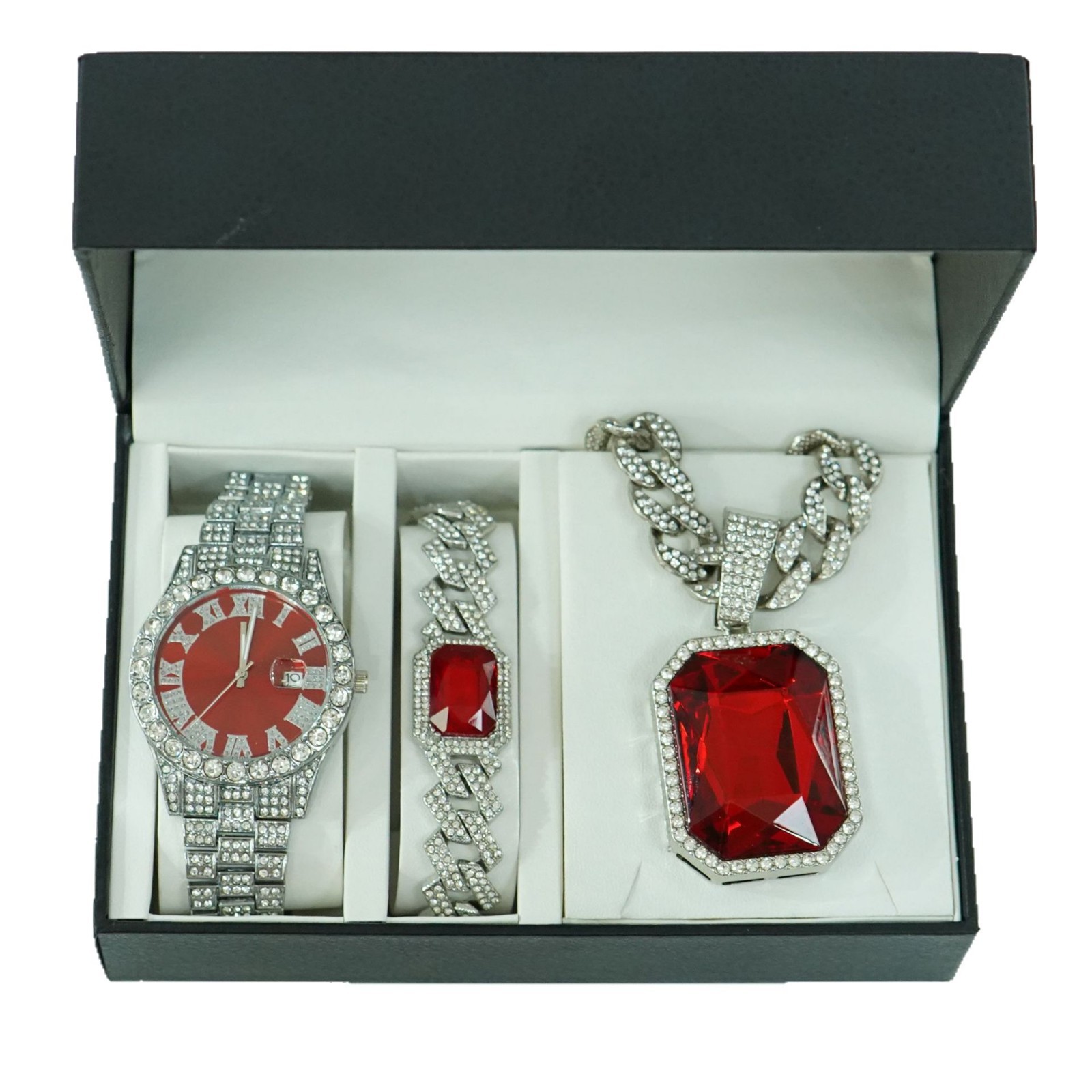 Ventas transfronterizas calientes colgante de aleación de esmeralda roja pulsera collar reloj 5 piezas conjunto de joyas de regalo de alto nivel para hombres