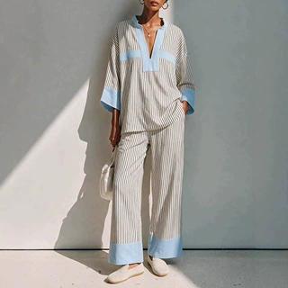 2026独立站欧美跨境秋冬新款女士撞色条纹棉混纺上衣阔腿裤套装