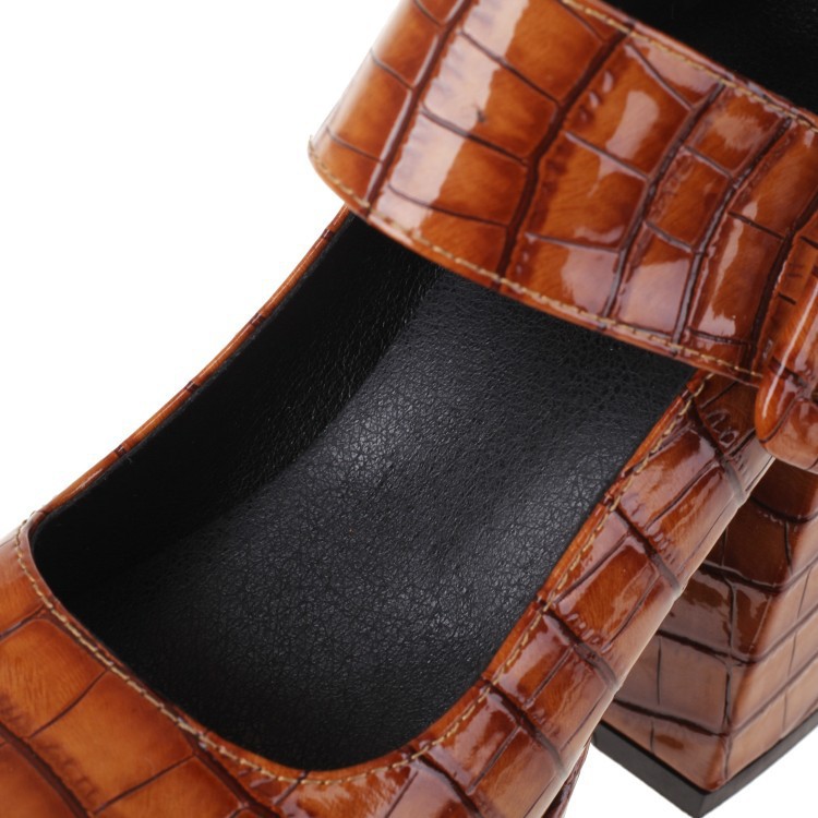 Square head thick with waterproof platform buckle high heels large size women's shoes stone pattern_voghion.com