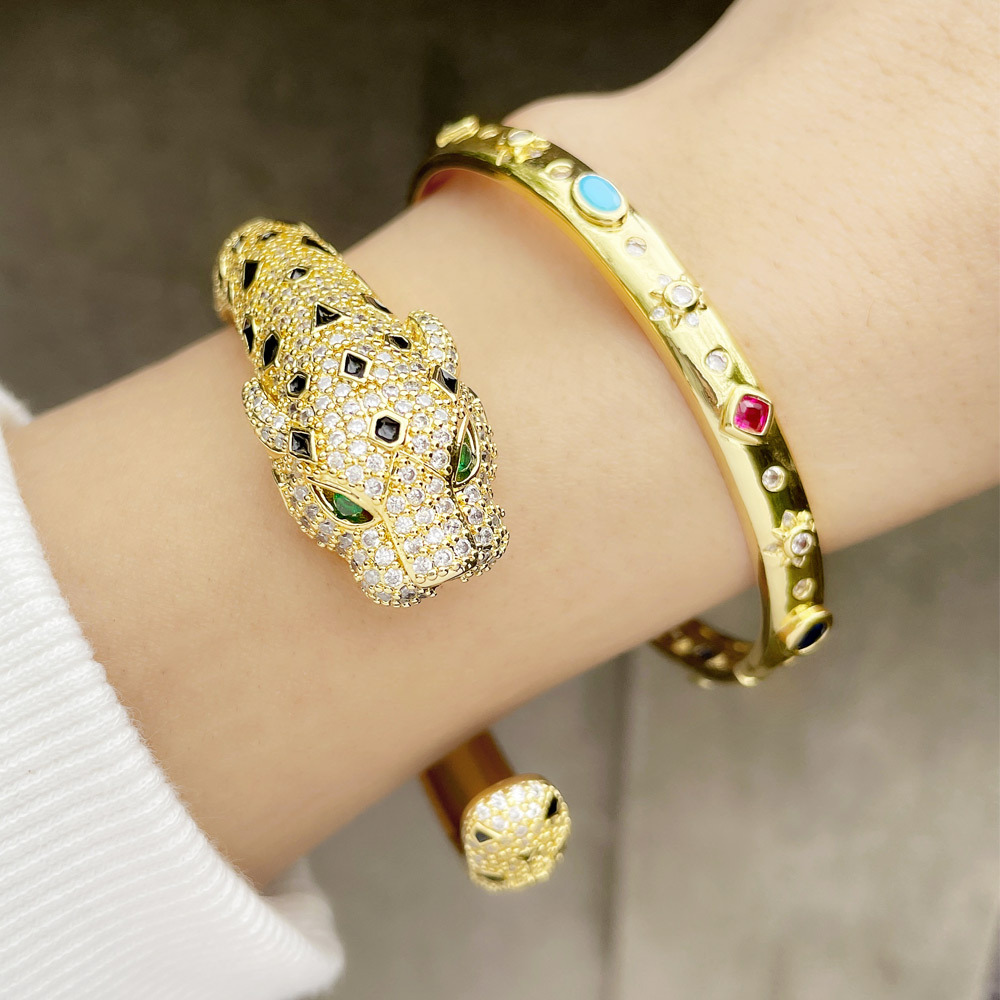 personality exaggerated leopard head bracelet inlaid color zircon copper braceletpicture2