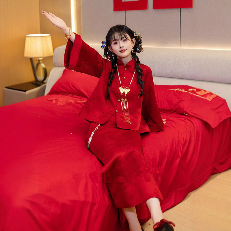红色新中式敬酒服旗袍2025国风新款新娘订婚礼服回门长袖套装|undefined