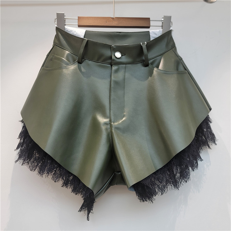 Pantalones Cortos de Cuero PU para Mujer de Talle Alto con Encaje