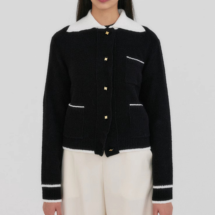 틈새 디자이너 브랜드 EE * K 네이비 칼라 니트 카디건 여성 고감도 대비 단일 브레스트 포켓 스웨터 코트