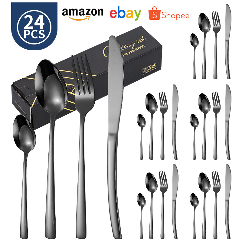 Juego de vajilla de 24 piezas de cuchillo y tenedor de acero inoxidable de venta caliente transfronteriza caja de regalo cuchara de comida occidental de Amazon dorada chapada en titanio