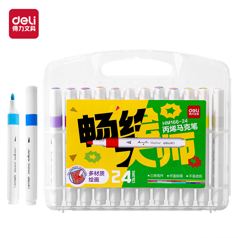 デリ アクリルマーカー 箱入り 細丸棒 三角棒 不透明色 重ね塗り可能 手を汚さない 絵筆 アート|undefined