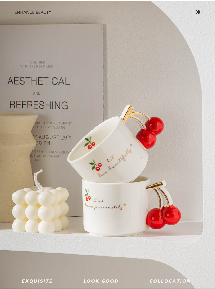 1120g Weight Cute Cherry White Porcelain Mug 1 Piece