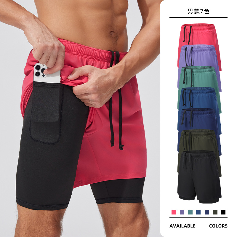Outdoor Running Sports Shorts Cross-Border Large Size Breathable Training Men's Elastic Lining Anti-Exposure Fake Two-Piece Shorts