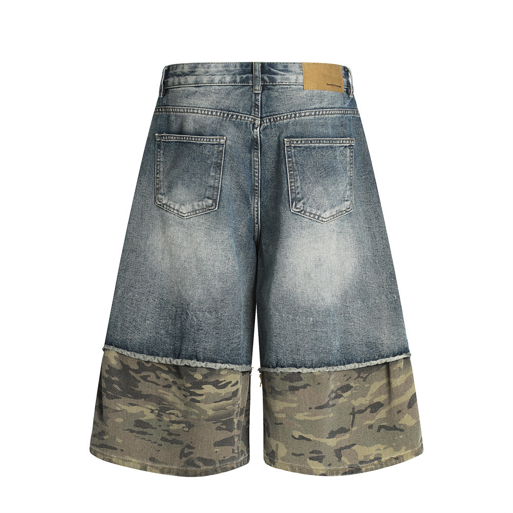 Pantaloncini di jeans camo patchwork da uomo effetto distressed_voghion.com