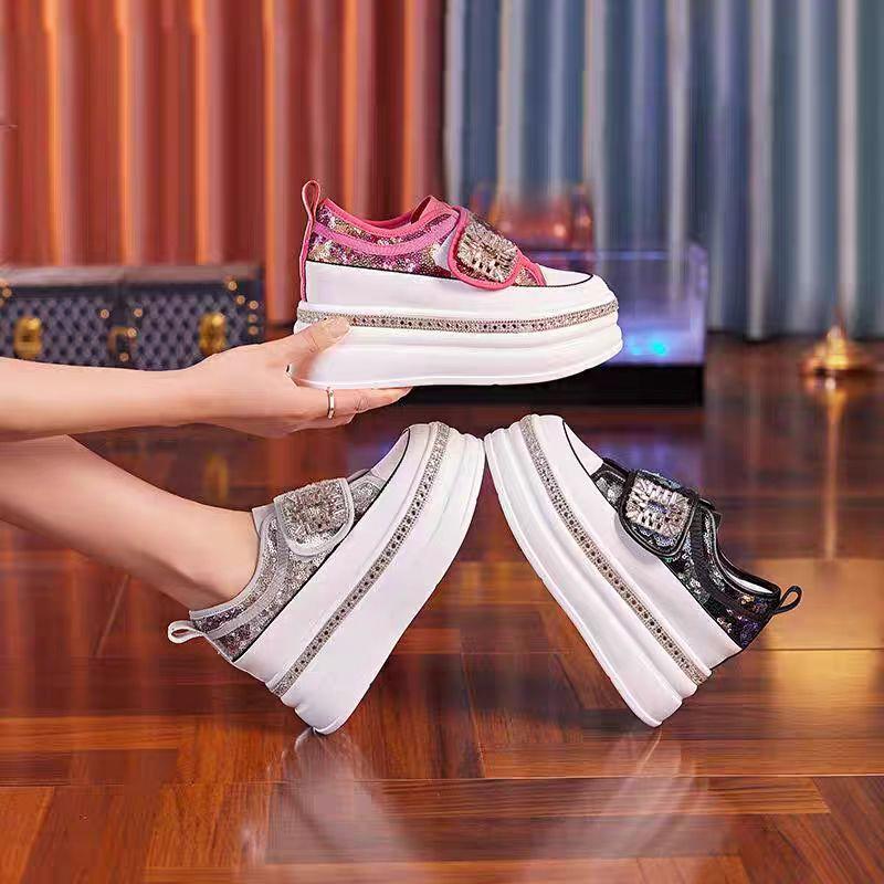 Platform bottom loafers women's 2025 spring new all-match increased Velcro sequins breathable casual women's shoes