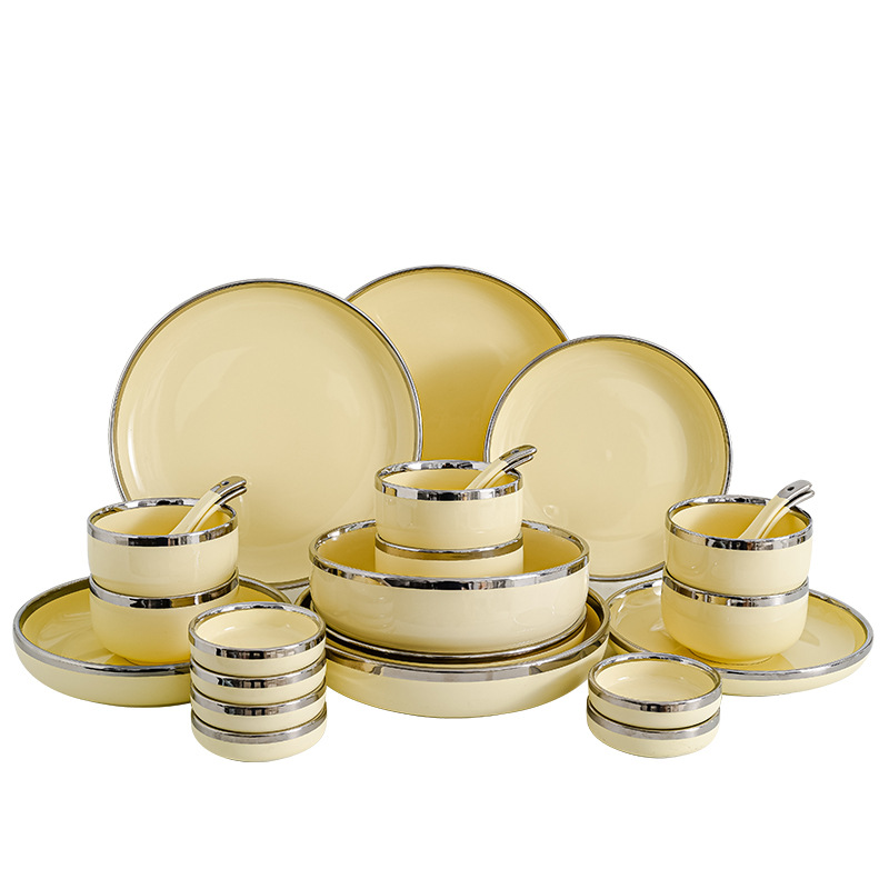 Tazón plato traje borde plateado plato de cerámica ins estilo crema amarillo hogar sopa tazón luz lujo inauguración traje de vajilla
