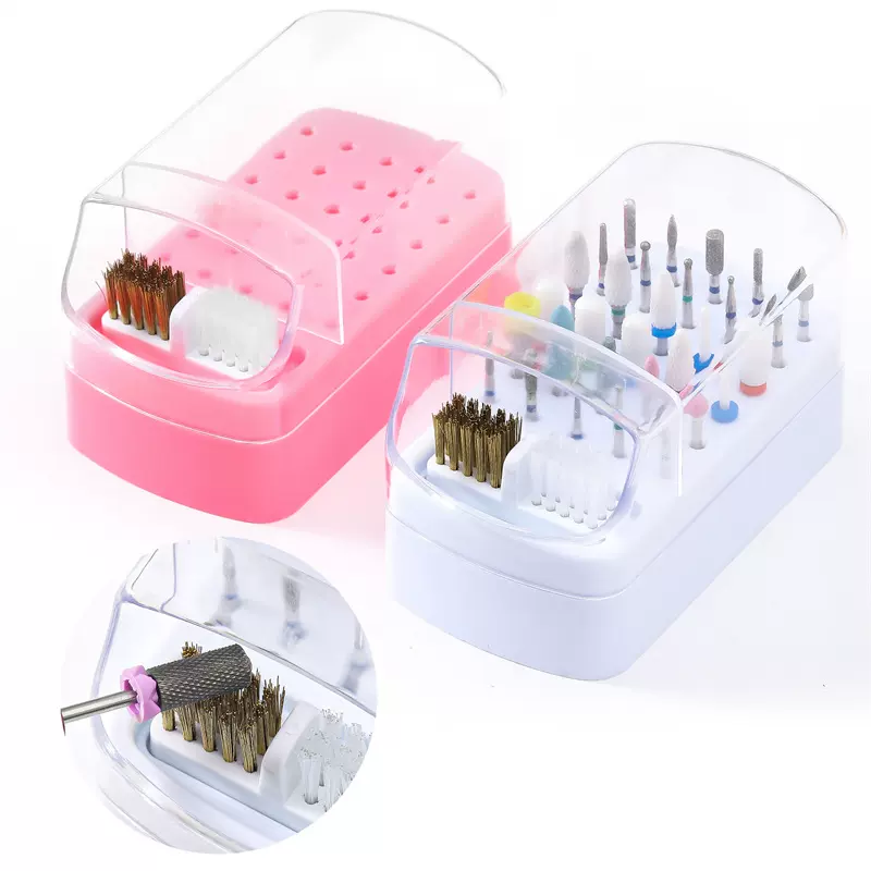跨境30孔美甲打磨头收纳盒带清洁刷防尘盒美甲磨头展示架美甲工具