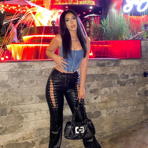 Eurasian 2025 Summer Fashion Trend Women's High-Waisted Hollowed Belted Straight Leg Tied Ankle Slimming Leather Pants