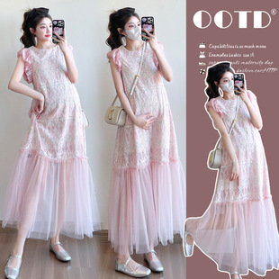 Real shot dopamine mesh stitching pink dress female summer temperament beautiful super fairy pregnant women dress