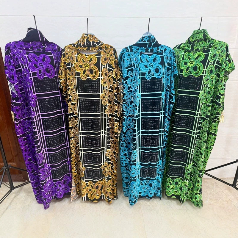AH8851 #   New loose casual plus-size off-shoulder tassel headscarf rayon printed color-blocked long robe dress