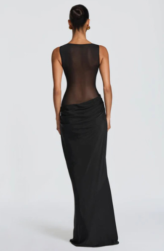 Women's Solid Color Patchwork Slim Fit Dress - Sheer Draped Evening Gown For Sophisticated Style_ecoleips.com
