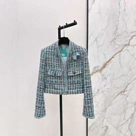 深圳南油25秋冬名媛小香风织带镶边V领双口袋格纹粗花呢短款外套