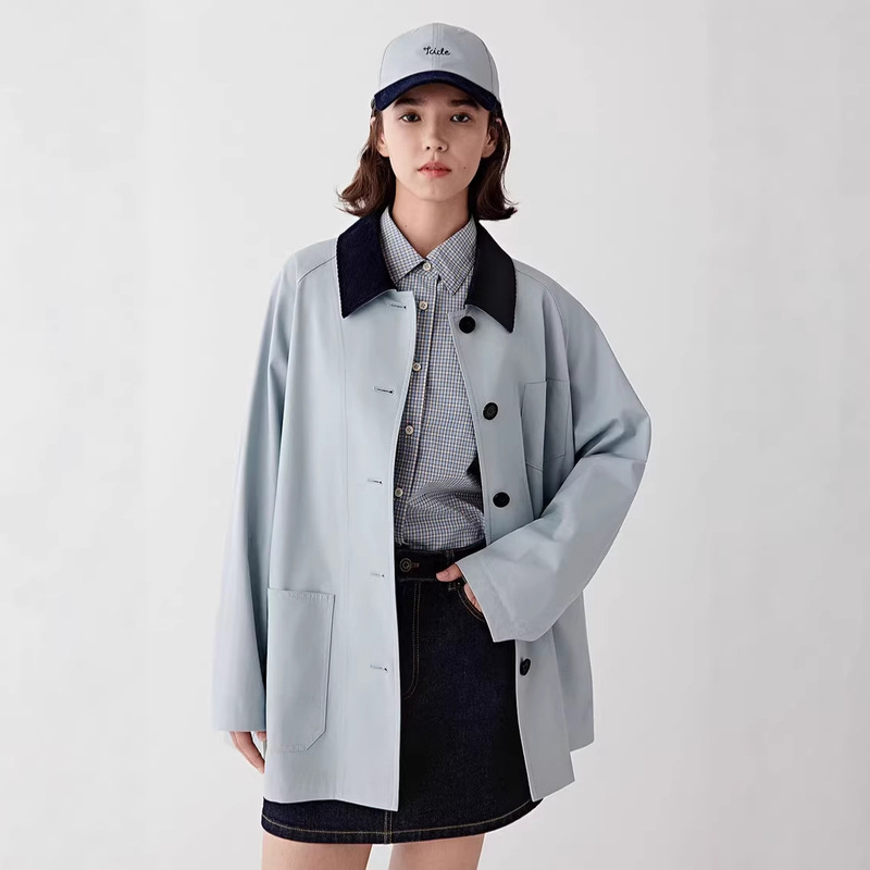Xiaohe Pure Original Trench Coat for Women, Mid-Length, Light Blue, 2026 Spring New Style, High-Density Cotton Twill Jacket, Barn Style