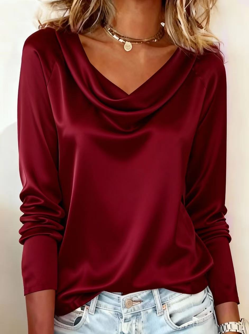 Women's Draped Neck Blouse - Oversized Long Sleeve Shirt For Work & Casual (S-XXL, 5 Colors)_voghion.com
