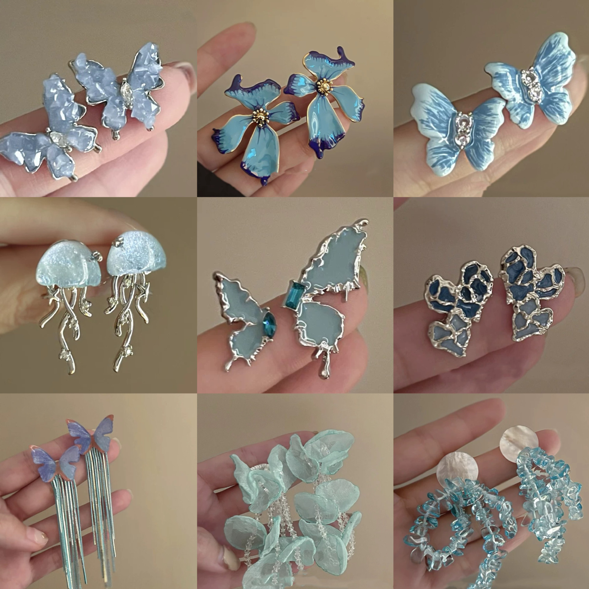 Aguja de plata, estilo de vacaciones azul, pendientes de lazo de flores suaves, pendientes de moda fresca, pendientes de ambiente dulce