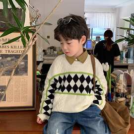 2024冬季儿童宽松条纹字母设计感百搭新款毛衣休闲韩版上衣