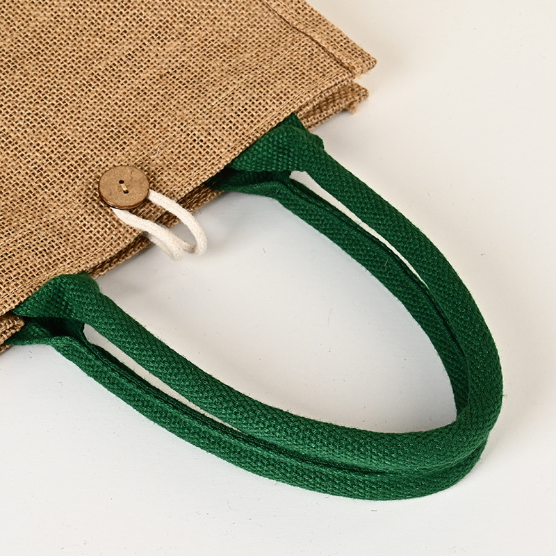 Bolsas de lino en stock, bolsas de compras de yute con botón, bolsas de lino con bordado de loto recubierto, personalizables.