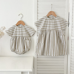 夏新款嬰兒衣服短袖條紋哈衣寶寶包屁衣純棉口袋女童連衣裙姐妹裝