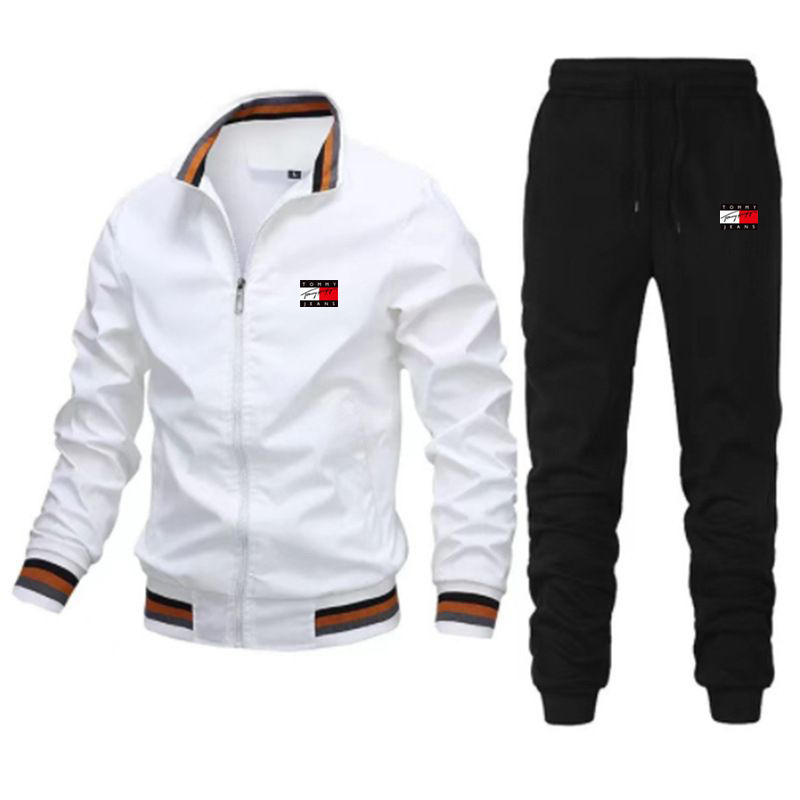 Conjunto de chaqueta informal para hombre 2024 con pantalones de patchwork, chaqueta con cuello alto estilo piloto, conjunto de alta calidad