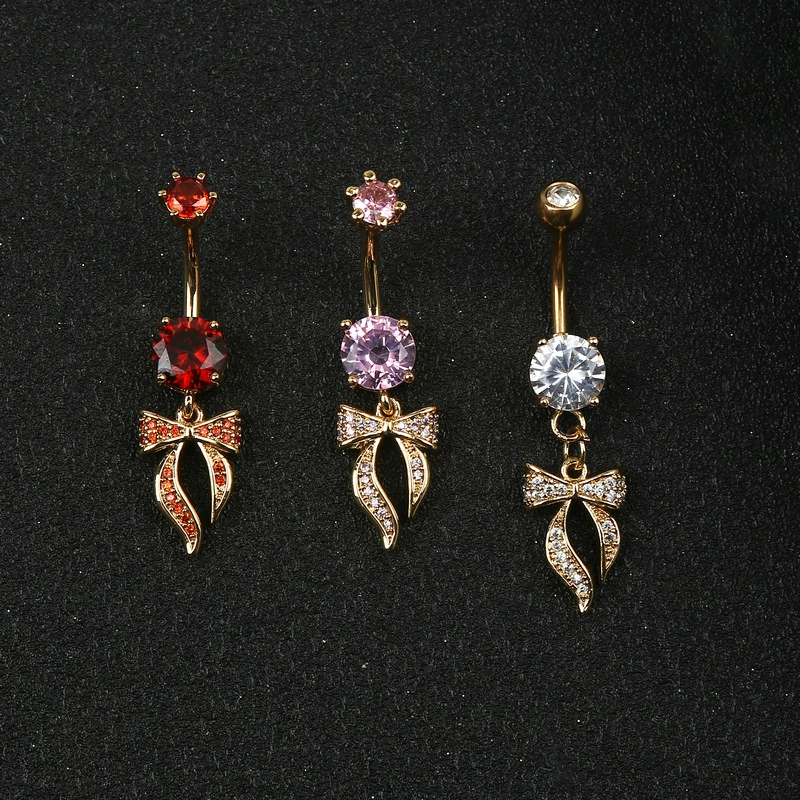 Подвеска-бантик для пупка из нержавеющей стали с цирконами, микроинкрустация цирконами, украшение для пирсинга пупка