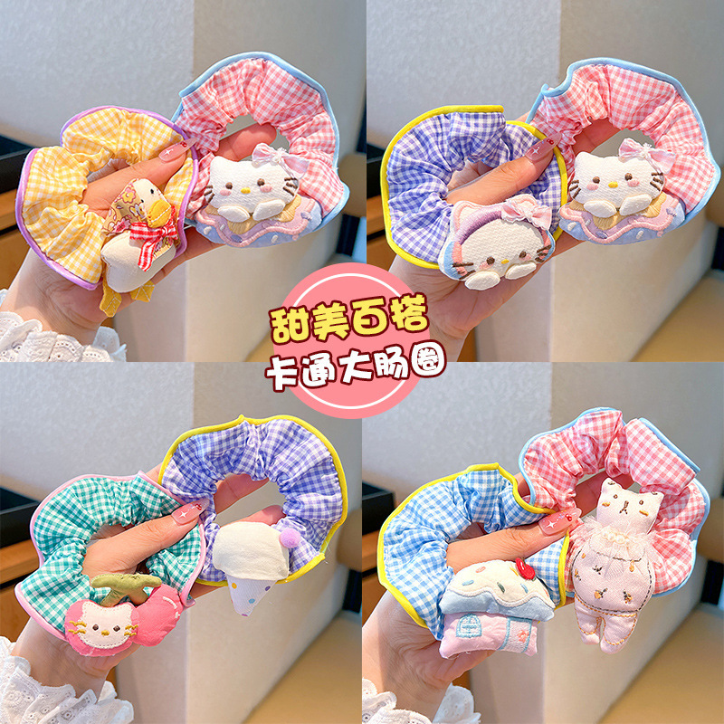 2025 新しい女の子漫画子犬大腸リング女の赤ちゃんかわいいチェック柄ヘアリング女の子多用途ボールヘアアクセサリー|undefined