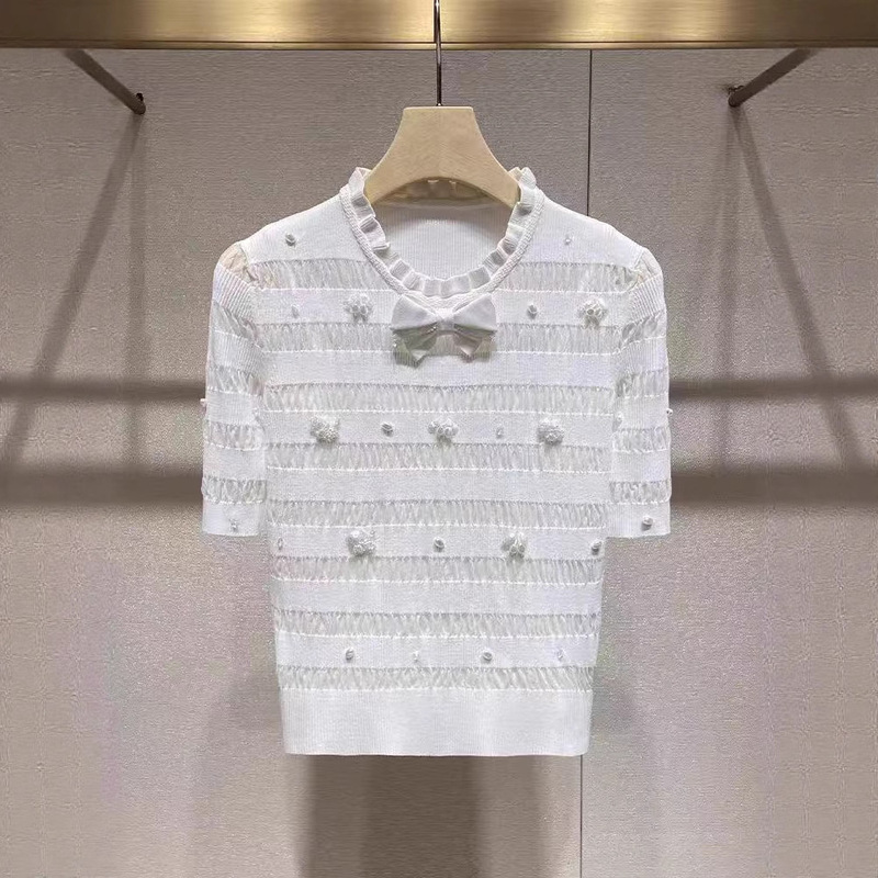 Short-Sleeved T-Shirt Tops for Women 2025 Summer New Age-Reducing Bow Versatile White Fashion Beaded Sequin Knitwear