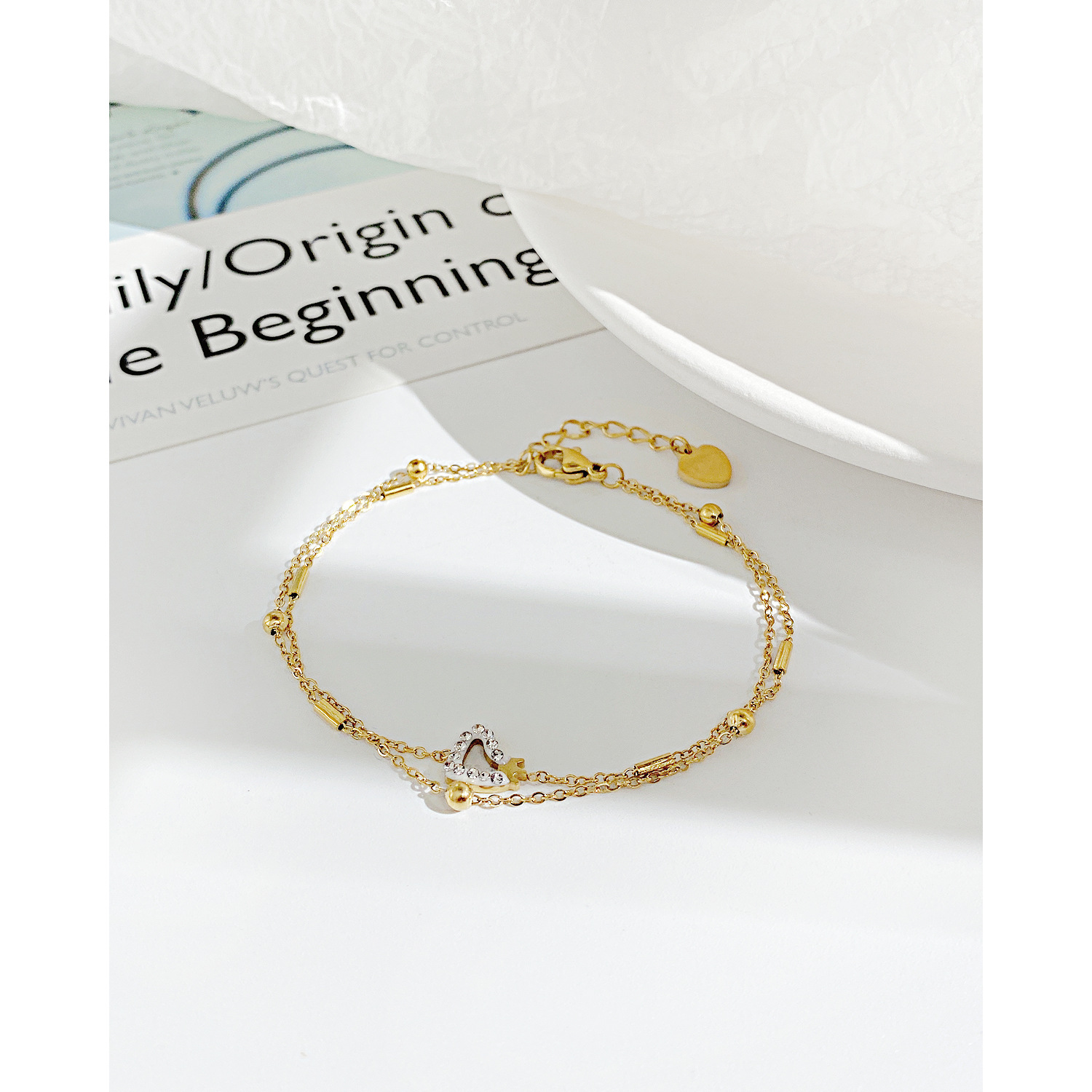 OPK饰品港风时尚多层叠戴新品手饰简约百搭不锈钢锆石爱心手链女