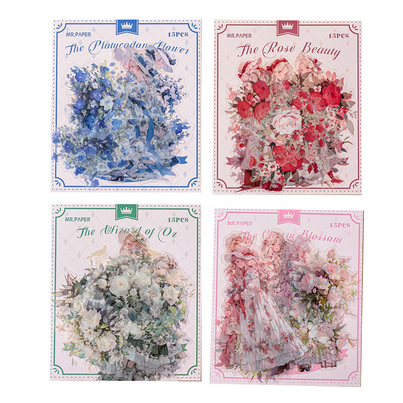 Mr. Paper Personaje Flor Etiqueta engomada grande Bolsa Flor que cae y serie de chicas Cute Girl Elements Etiqueta engomada de la tienda