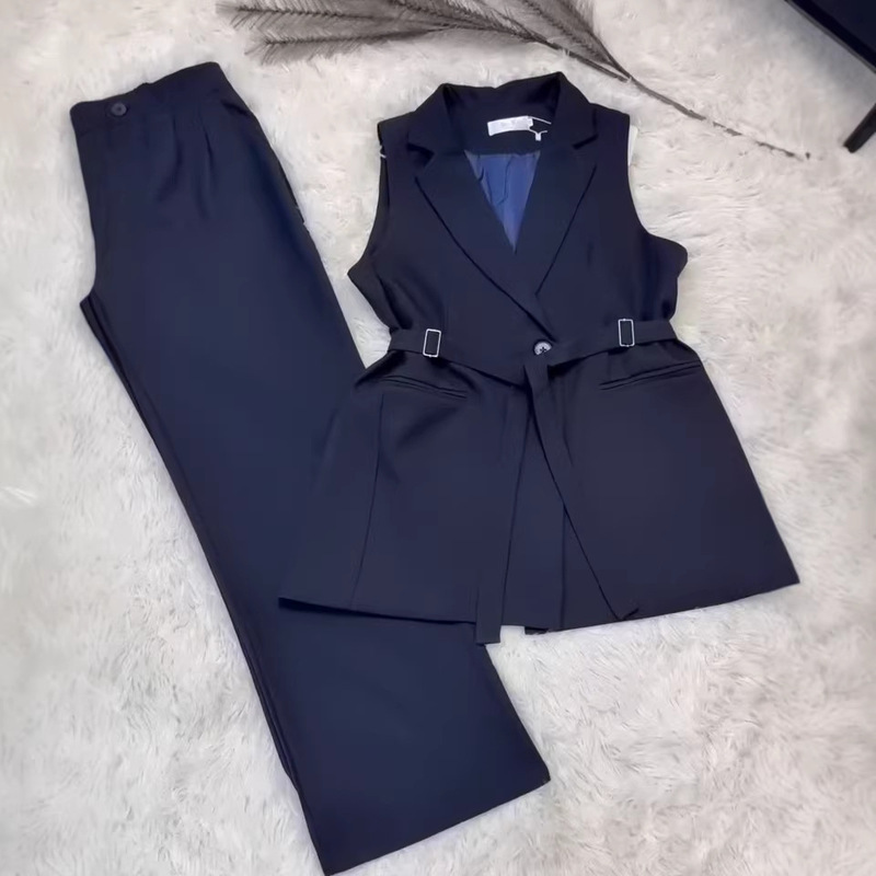 2026 European and American Cross-Border Foreign Trade Women's Professional Commuting Sleeveless Stylish Vest with Tie Trendy Straight-Leg Pants Set