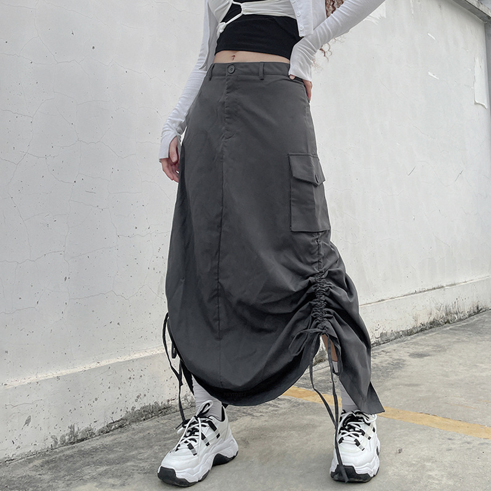 Women Cargo Maxi Skirt Hiking Irregular Drawstring Retro