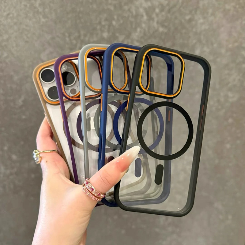 Anillo de contraste de color armadura de alta permeabilidad magnética para iPhone16 PROMAX teléfono móvil Apple 15 cubierta protectora transparente a prueba de caídas