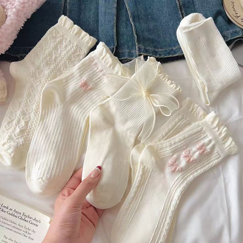 White Socks for Women, Summer Pure Cotton, Cute Japanese Jk Socks with Lace, Mary Jane Style, Paired with Small Leather Shoes, Mid-Tube Sweat-Absorbing Socks