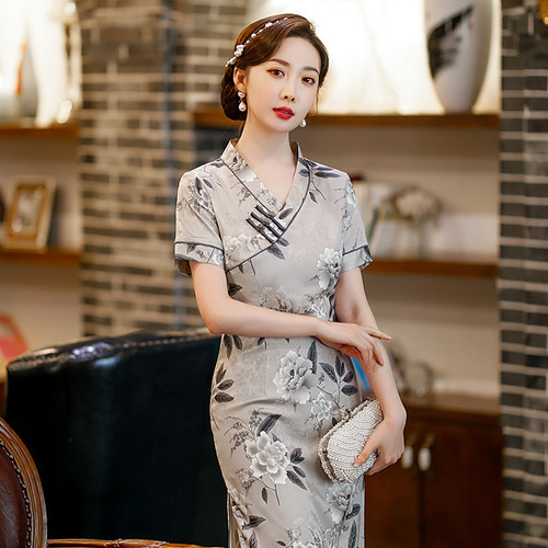 Retro Chinese Dress oriental Qipao Cheongsam for women cheongsam Chinese wind v-neck grey ink and fashion qipao dress with short sleeves