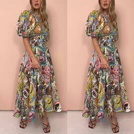 Slim fit large hem personalized printed dress for women跨境