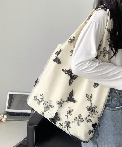 [Automatic Distribution Exclusive] Embroidered Butterfly Lace Fairy Bag Casual Travel Canvas Bag Large Capacity Shoulder Bag