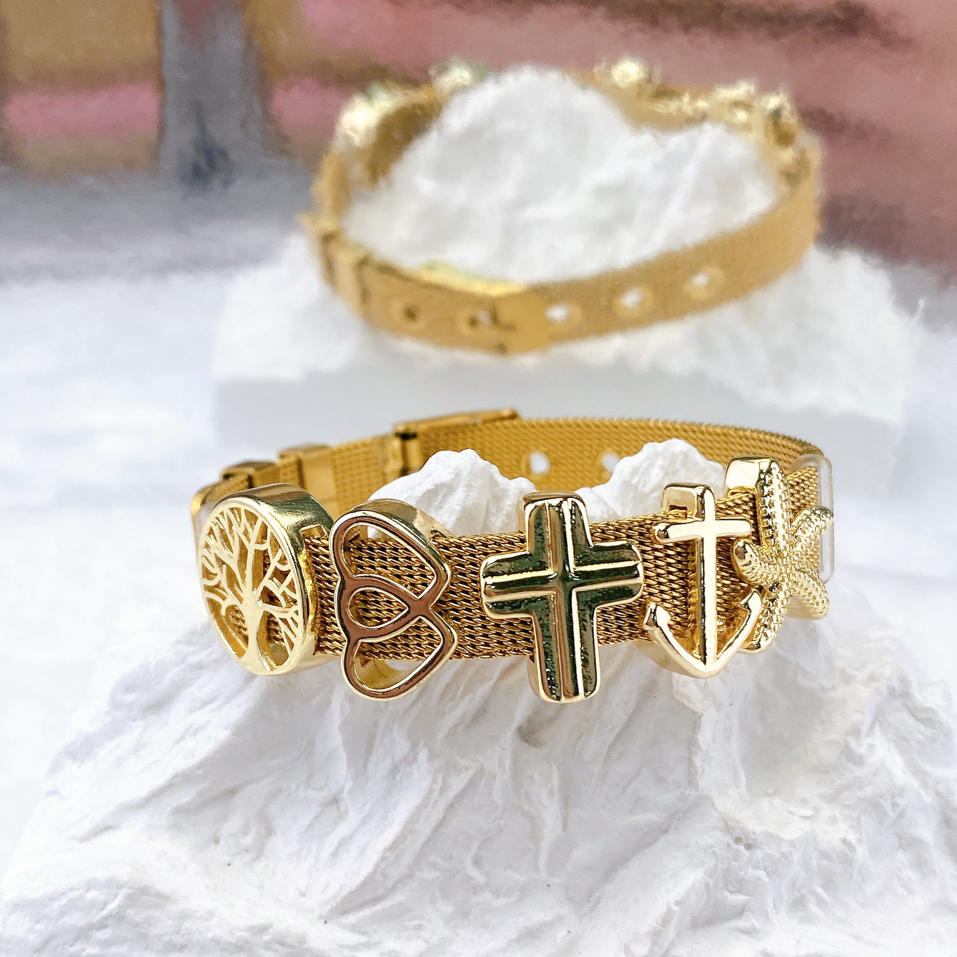 Cross-Border Hot Selling DIY Bracelet Watch Strap Bracelet Star and Moon Cross Combination Copper Combination Accessories Unisex
