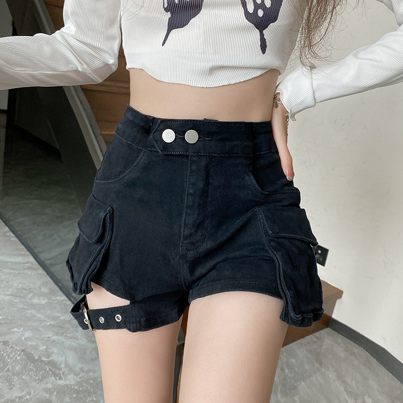 스트랩 디자인의 블랙 카고 반바지 101.25kg 버튼 바디 쉐이핑 청바지 캐주얼 여성 여름 핫팬츠