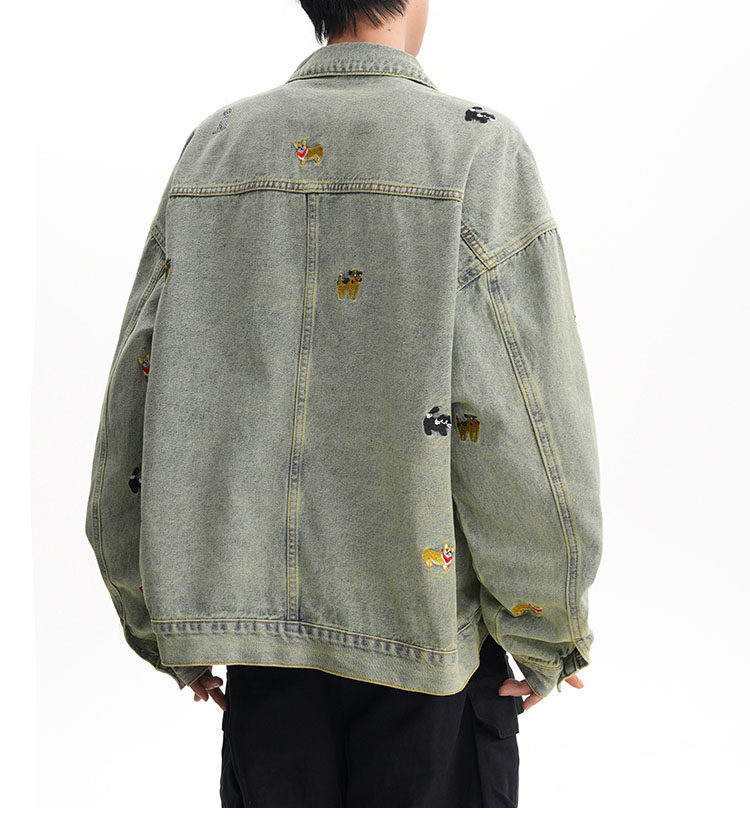 Giacca in denim con ricamo vintage a tema cartone animato - Cappotto oversize da streetwear per uomo e donna (S-2XL)_voghion.com