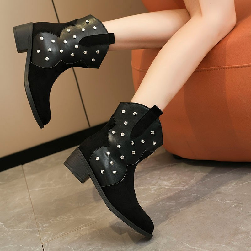 Women's Shoes large size winter women's boots rivet decoration retro pointed thick heel short boots sleeve Martin boots_voghion.com