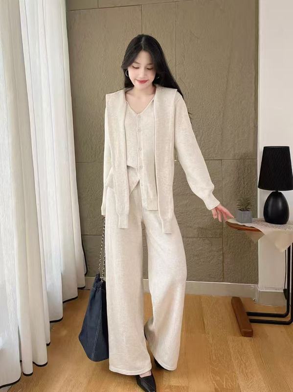 气质休闲毛衣披肩三件套女2025秋冬新款宽松开衫上衣+阔腿裤套装|undefined
