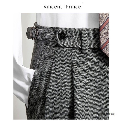 Men's autumn and winter new figure-fitting tweed wool herringbone pants Neapolitan western pants casual straight pants
