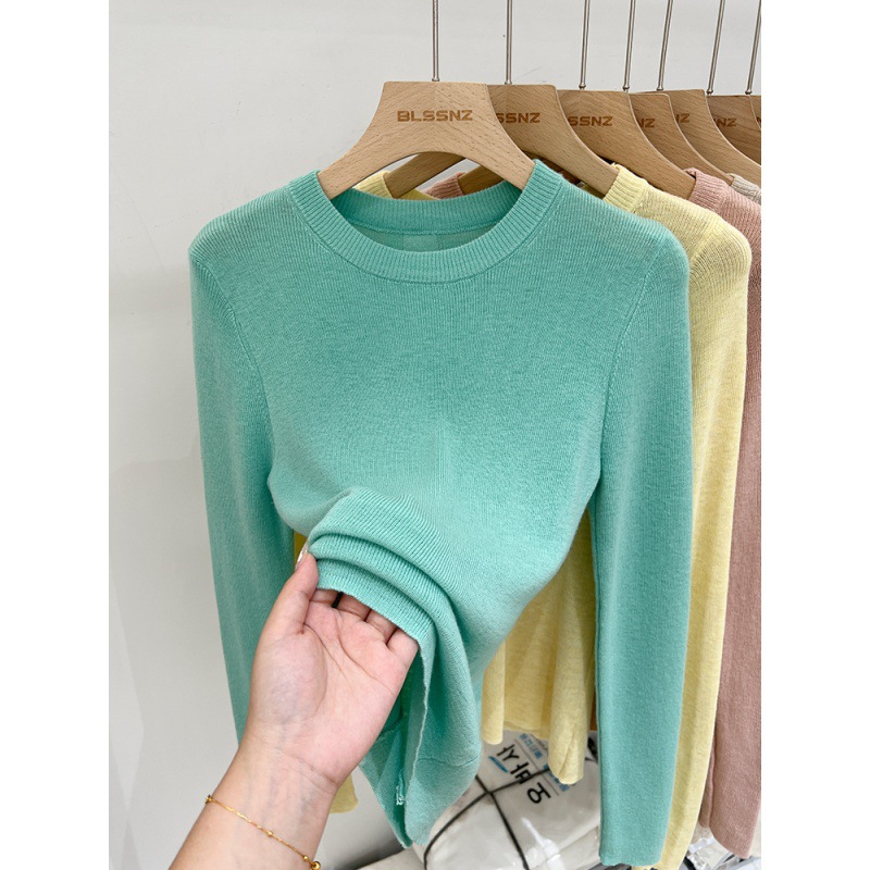 绿色长袖针织T恤女夏季上衣2024年新款简约百搭正肩打底衫女薄款