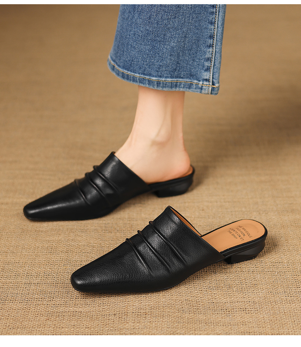 Dép sandal nữ bít mũi quai chữ V đế thấp da bò mùa xuân hè — đen chi tiết 5