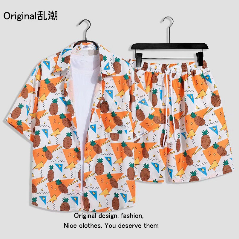 Verano playa floral camisa de manga corta traje de los hombres sueltos ins retro completo impreso pantalones cortos camisa de dos piezas